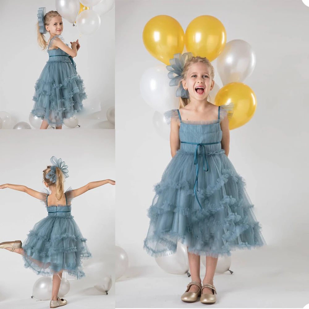 

Blue Grey Flower Girl Dress For Wedding Puffy Sleeveless Pleated Princess First Communion Dress Kids Birthday Ball Gowns