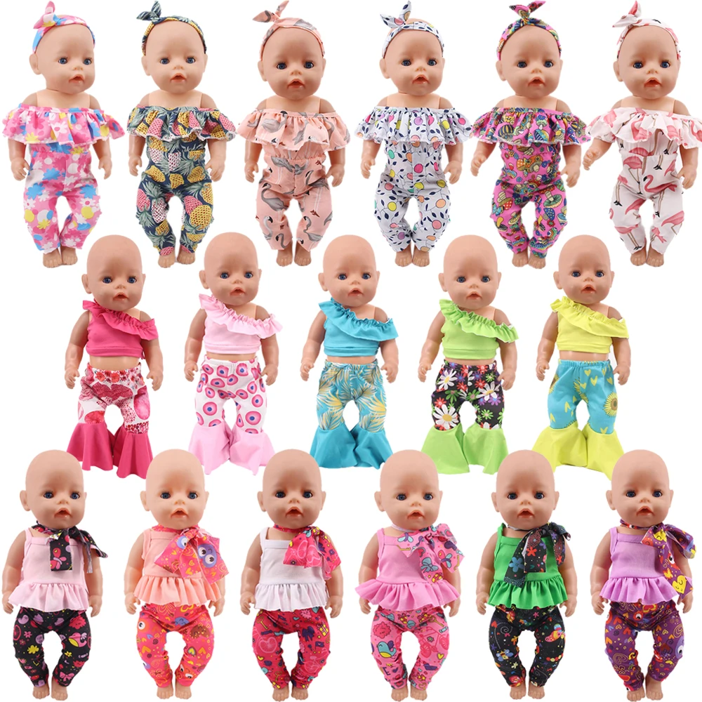 Printing Sleeveless Top + Trousers +(Headband) For 18Inch American Doll Clothes Girl's Toy 43cm Baby Doll Shoes Our Generation