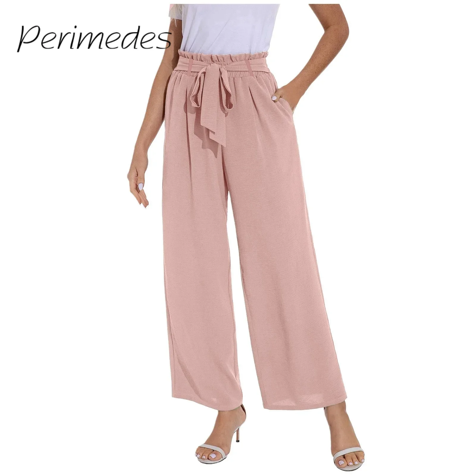 

Women'S Fashionable Trousers High Waisted 2024 Palazzo Pants Belted Lace-Up Wide Leg Long Trousers With Pocket Summer Pantalones