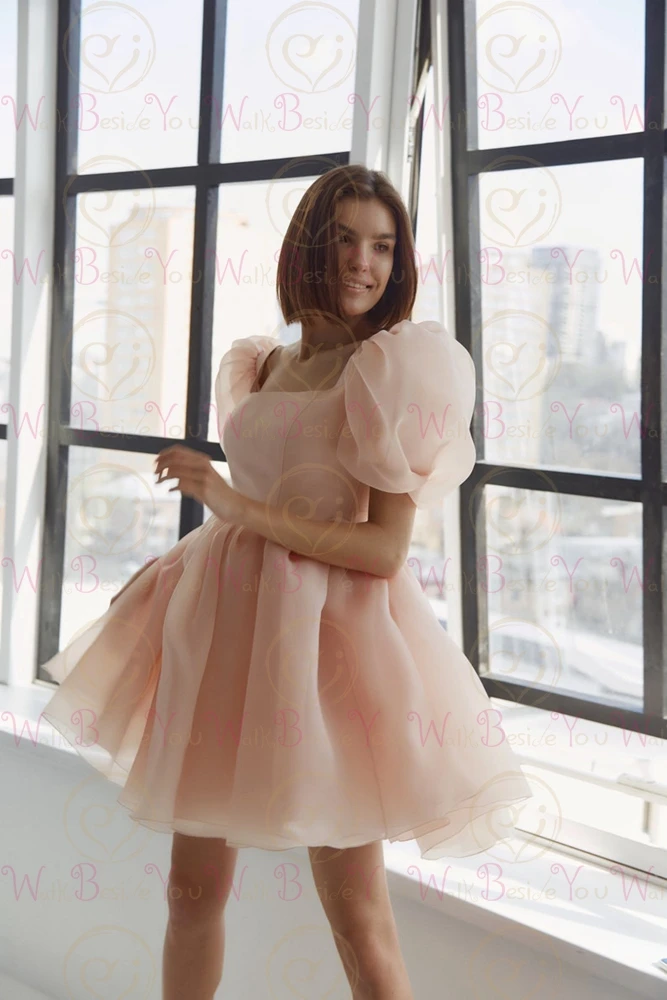 Pink Prom Dresses OrganzaShort Black Cap Short Sleeves Square