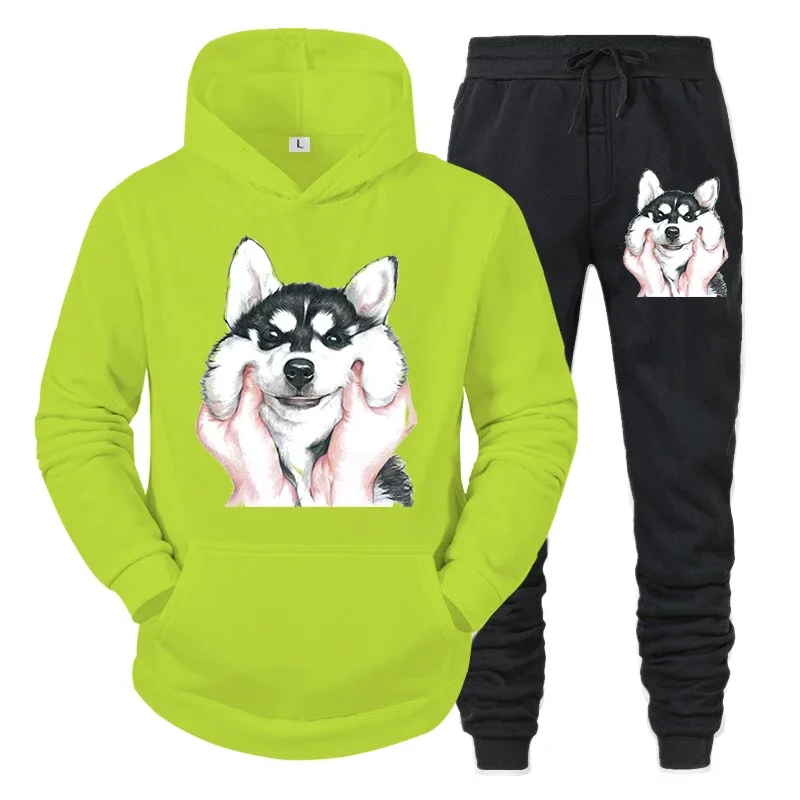 thumbnail image 1 of Conjunto deportivo divertido y bonito con estampado de husky para hombre, sudadera con capucha y pantalones de manga larga estilo callejero Y2K, conjunto de 2 piezas con capucha de perro y animal de a, 1 of 4