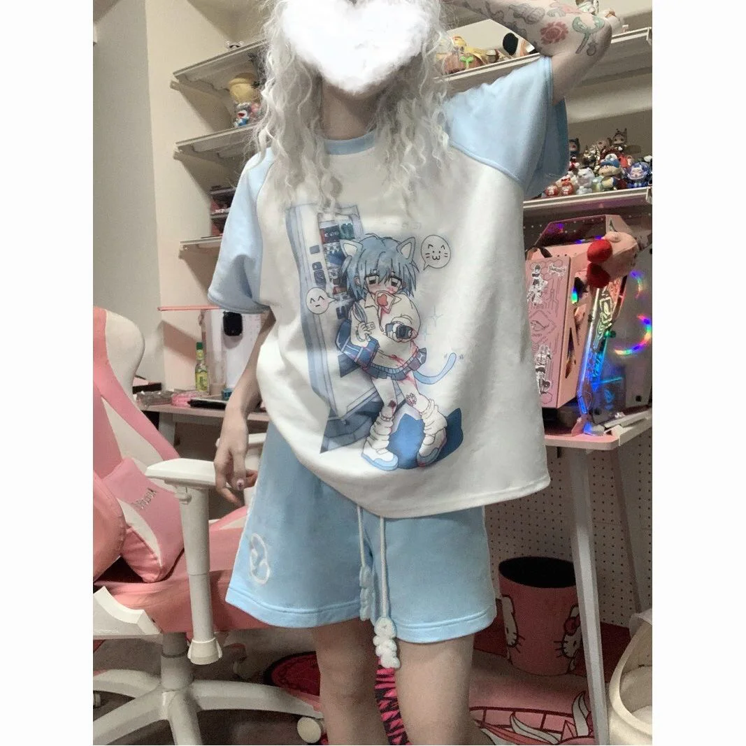 New Kawaii Sweet Lace Up Women Shorts Cute Cartoon Print Japanese Style Wide Leg Short Pants Baggy Casual Youthful Summer 4
