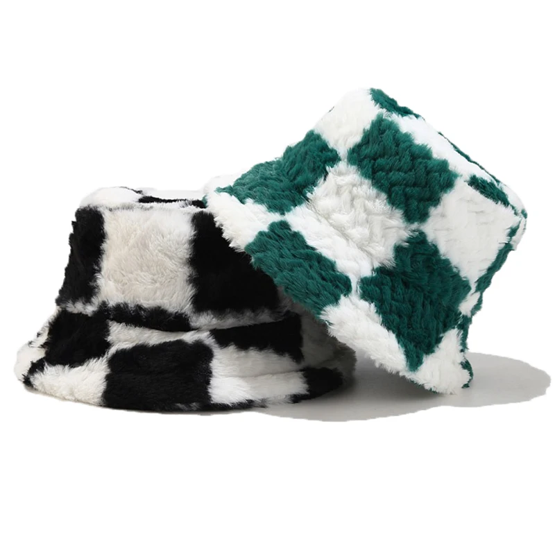 

Fashion Faux Fur Winter Bucket Hat For Women Girl Plaid Print Soft Warm Fishing Cap Outdoor Fluffy Panama Hat