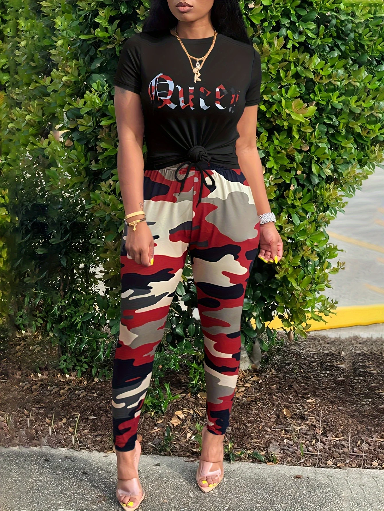 LW Camo print Two-piece Pants Set Spring summer NEW women's clothing short sleeve T-shirt + trousers sets  casual Two-piece Set lw camo hollow out multicolor pants casual loose camouflage print streetwear y2k women s cargo pants cutout wide leg trousers