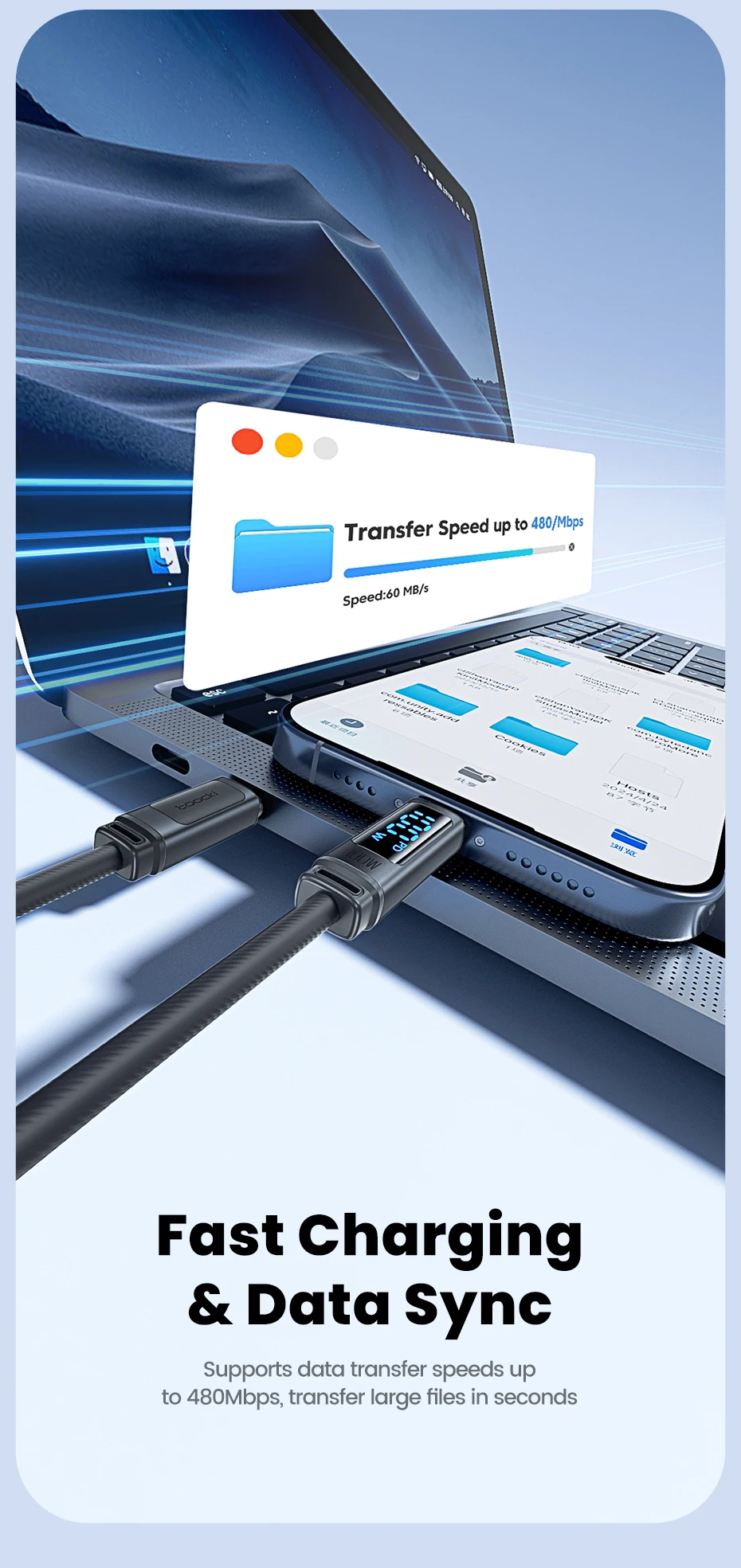 Toocki PD 100W USB-C zu USB-C Kabel 60W Typ-C zu Typ-C mit Digitalanzeige Weiches Silikonkabel Schnelles Laden für iPhone 17 Samsung – Detail 7