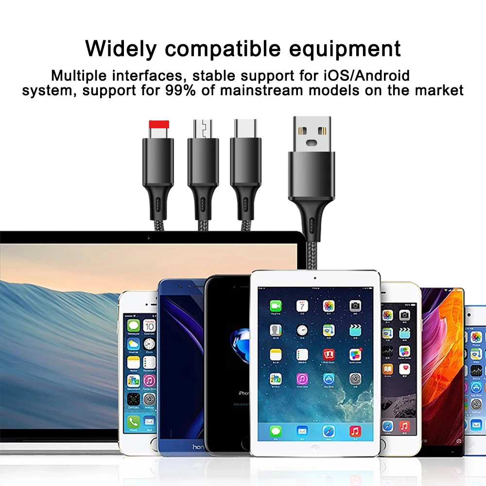 3 In 1 Micro USB Type C Charger Cable Multi Usb Port Multiple Usb Charging Cord Usbc Mobile Phone Wire For ios/Android/Type-C.