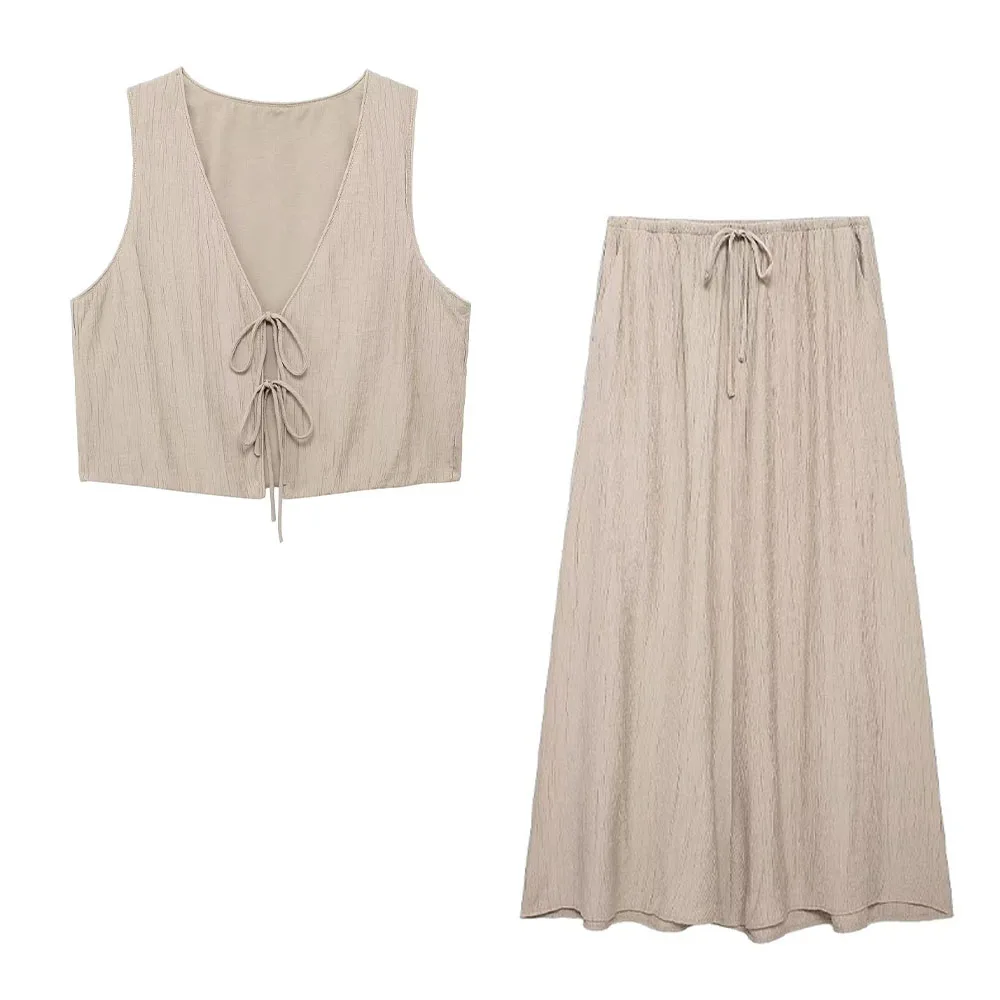 thumbnail image 1 of HH TRAF Conjunto elegante de 2 piezas para mujer, con escote en V, sin mangas, con cordones, chaleco corto, cintura alta, faldas plisadas con cordón en forma de A, 1 of 5