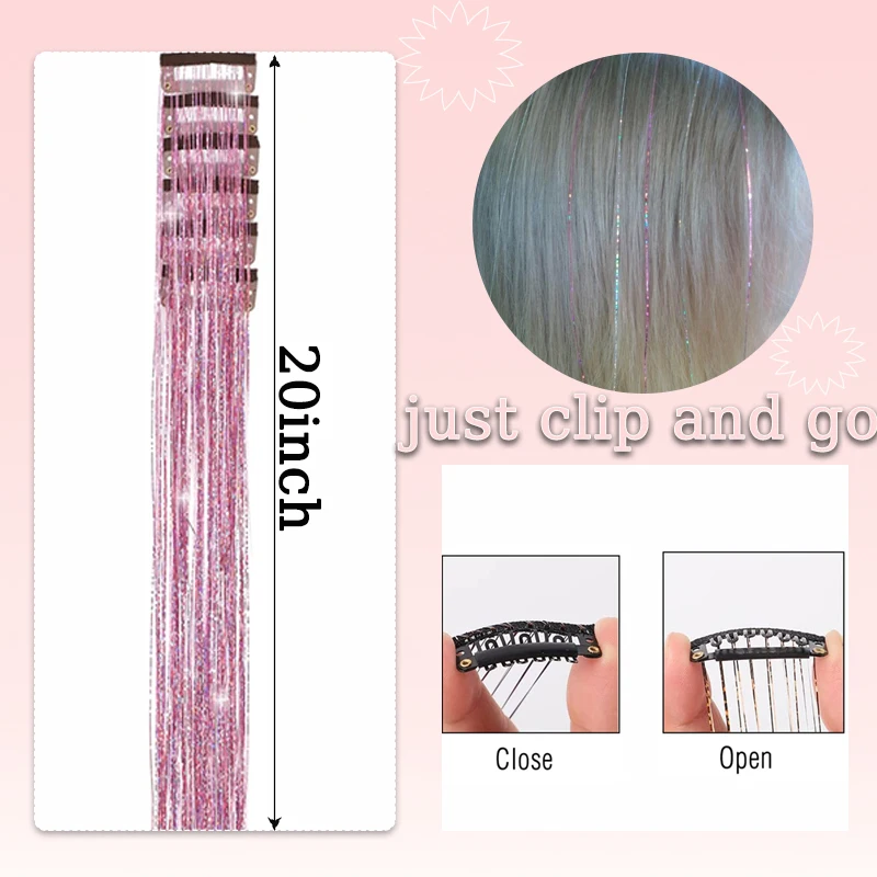12pcs 20inch Tinsel Hair Extensions Wigs Colorful Shiny Artificial hair extensions Clip in Women Hairpieces for Daily Party Wear