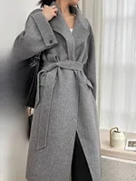 Fat Sleeve Lady Woolen Jackets 2024 Fall And Winter Double-Breasted Loose Lazy Lace Up Long Women's 100% Wool Coats Outerwear 1