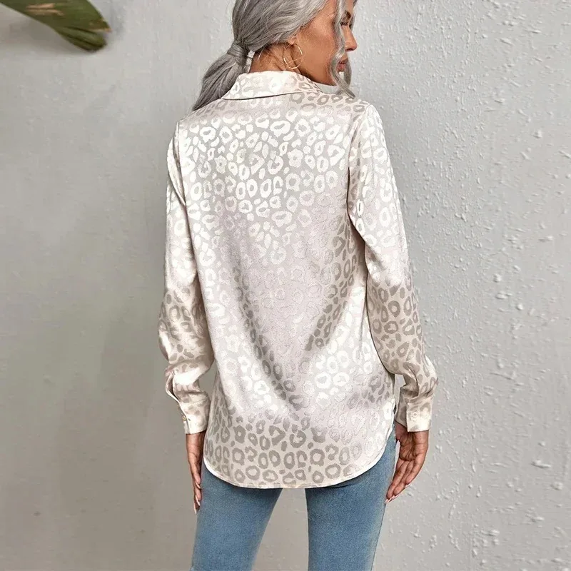 New Long-sleeved Fashion Women's Lapel Leopard Print Cardigan Shirt Casual Office Button-up Single-breasted Blouse 19169