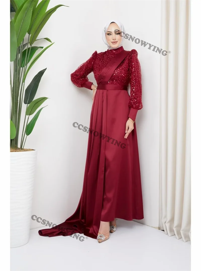 

Burgundy Sequin Beaded Hijab Muslim Evening Dresses Satin Long Sleeve Islamic Formal Party Gown Arabic Dubai Robes De Soirée