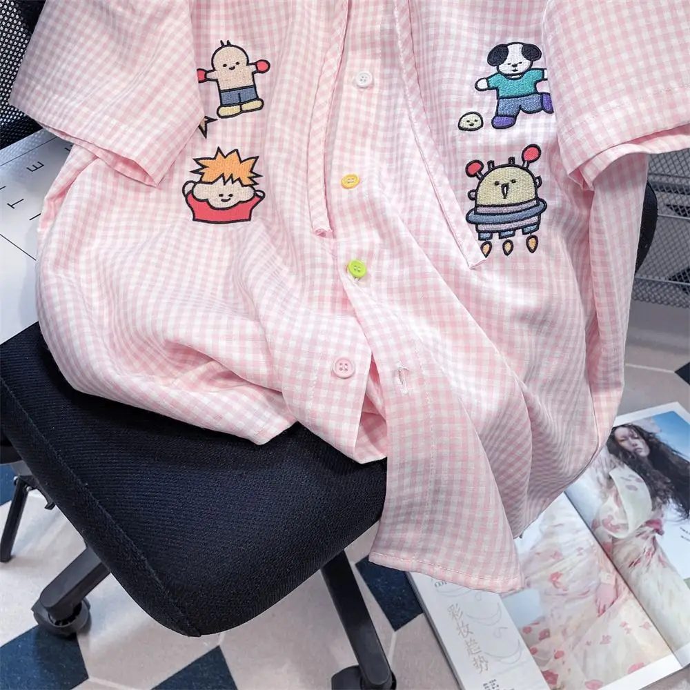 Plus Size 5XL 150KG Summer Plaid Shirt Lace Peter Pan Collar Large Women Top Women Short sleeve Embroidery Shirt Big Women Top