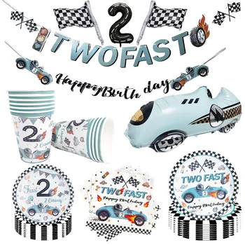 Race Car Theme Two Fast Boys 2th Birthday Party Decorations for Race Car Checkered Flags Racing Wheel Disposable Tableware