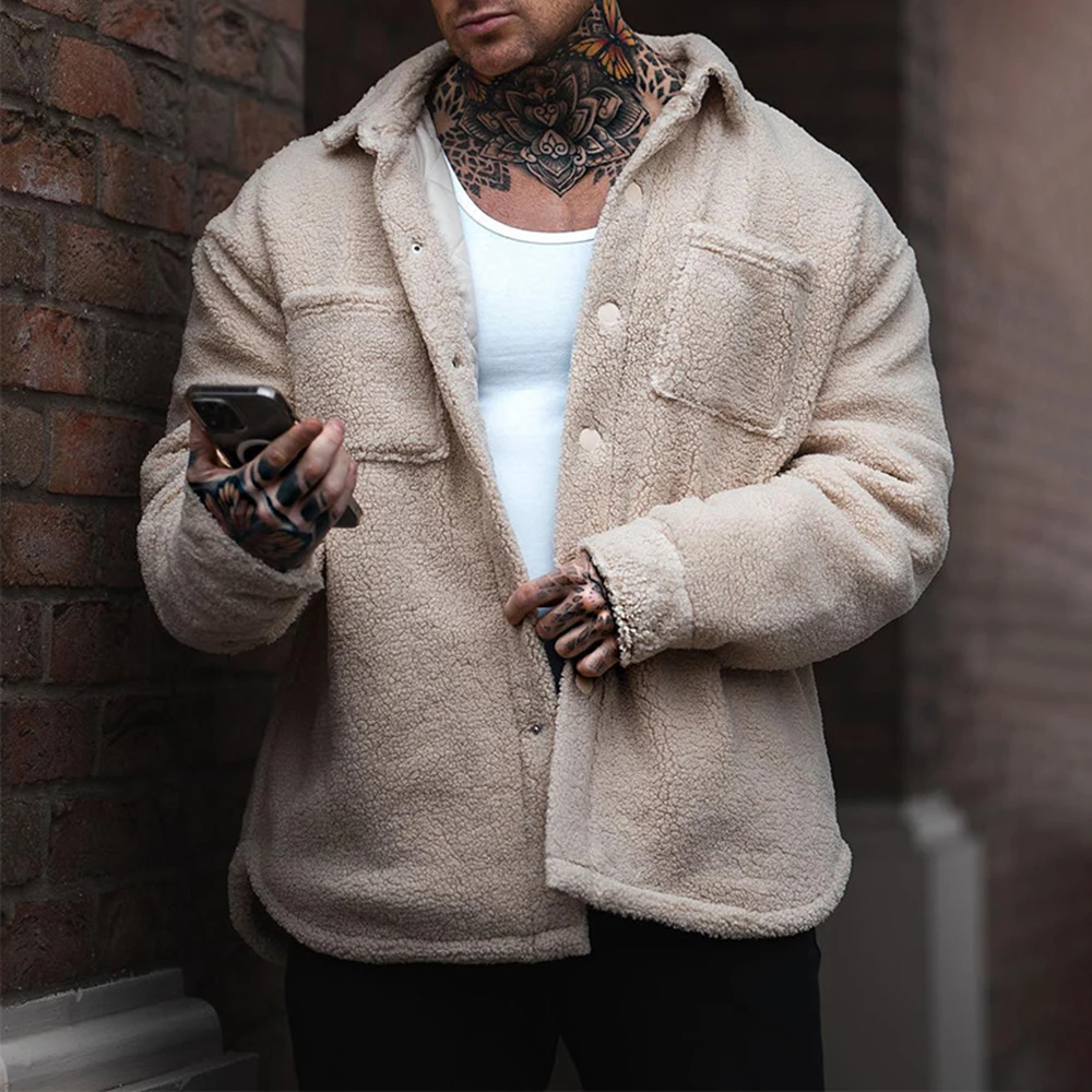 

Mens Popular Jacket Autumn And Winter Fashion Solid Color Plush Material Solid Color Street Thicken Stand Collar Jacket For Men
