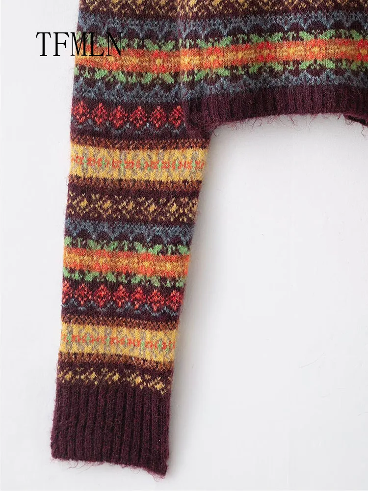 Jacquard Knitted Cropped Coats For Women Fashion Single Breasted O-neck Causal Jacket Long Sleeve Cardigan Tops 2026 Spring