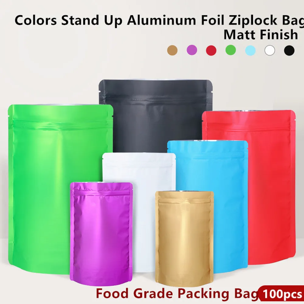 

100pcs Re-closable Colors Stand Up Aluminum Foil Zip Lock Bags Matt Finish - Food Grade Self Sealing Pouch Snacks Cereal Package