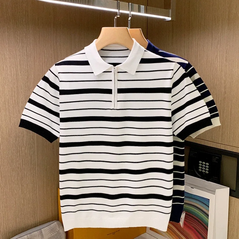 

Summer Polo Shirt High-End Stripe Contrast Color New Short Sleeve Non-Marking Casual Lapels Business Thin Men's Wear W41