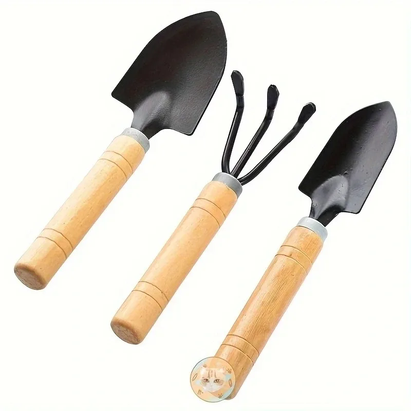 Compact Wooden-Handled Gardening Tool Set - 3-Piece Shovel and Rake Kit for Potting and Plant Care