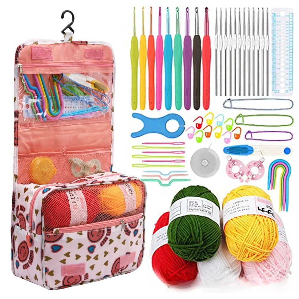 59 Piece Crochet Set, Portable Suspension Storage, Yarn Weaving, Beginner Knitting Tools
