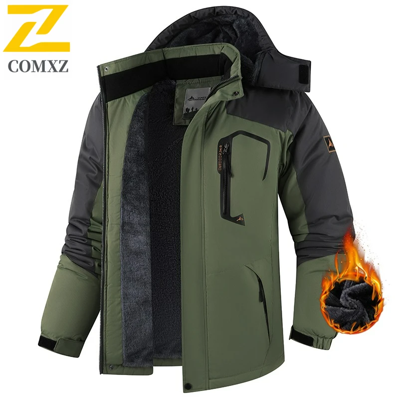 COMXZ Men Jacket Thickened Outdoor Mountaineering Windproof Warm Rush Coat Casual Hooded Camping Lightweight Winter Men Clothing