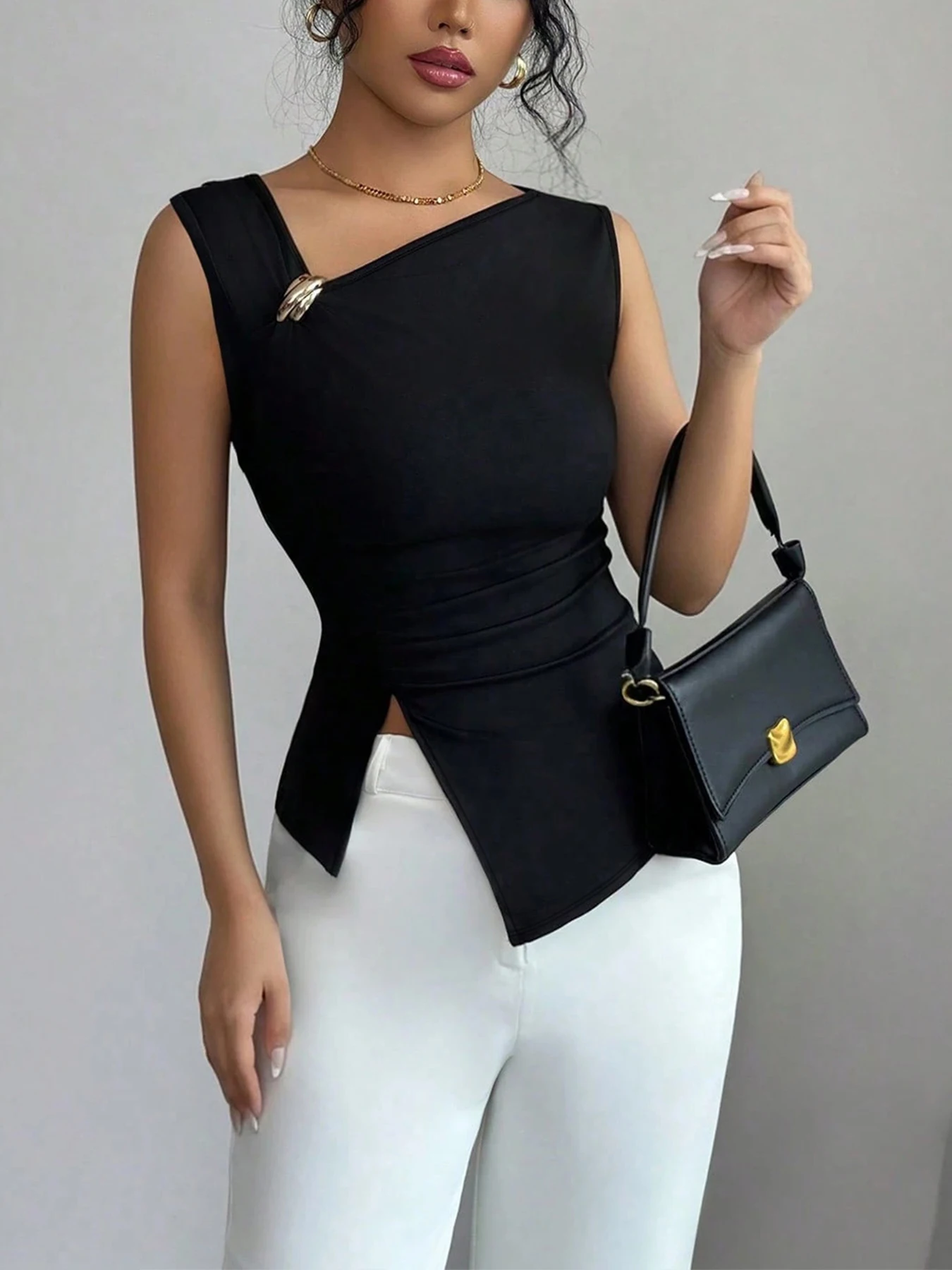 Womens Tank Top Asymmetric Ruched Split Decor Tank Top Ruched Blouse Fitted Elegant Chic Apparel Tops Spring Summer Daily Shirts 4