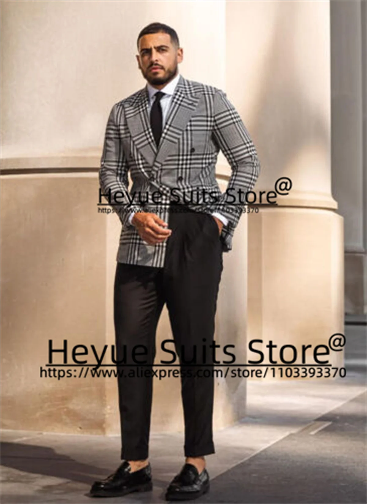 Luxuly Houndstooth Classic Men Suits Slim Fit Double-breasted Groom Formal Tuxedos 2 Pcs Sets Business Male Blazer Costume Homme