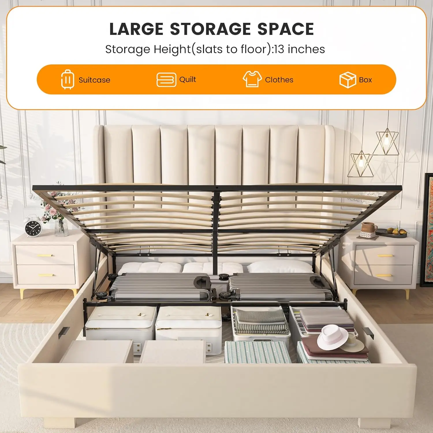 Lift Up Storage Bed Frame with 51" Tall Headboard, Queen Size Bed Frame with Storage Underneath, Velvet Wingback Design 5