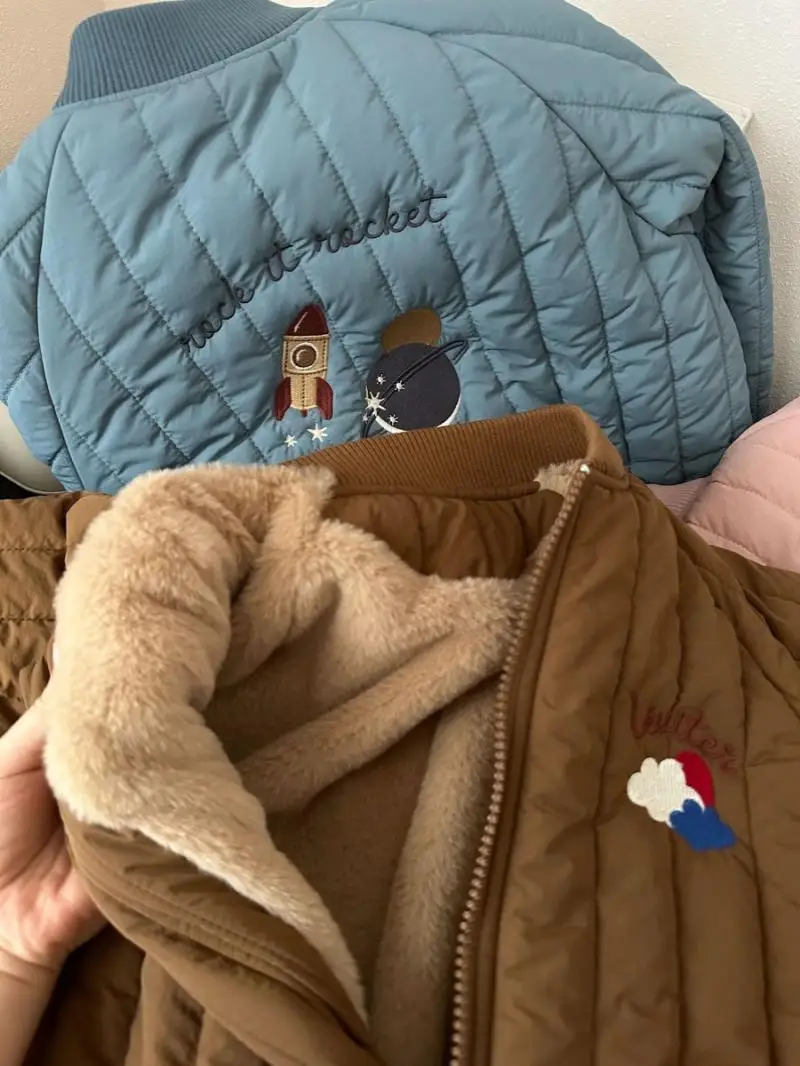 Embroidery Cartoon Winter Kids Jacket Plush Thicken Cotton Warm Windproof Girls Outerwear Coats Kids Jackets for Boys