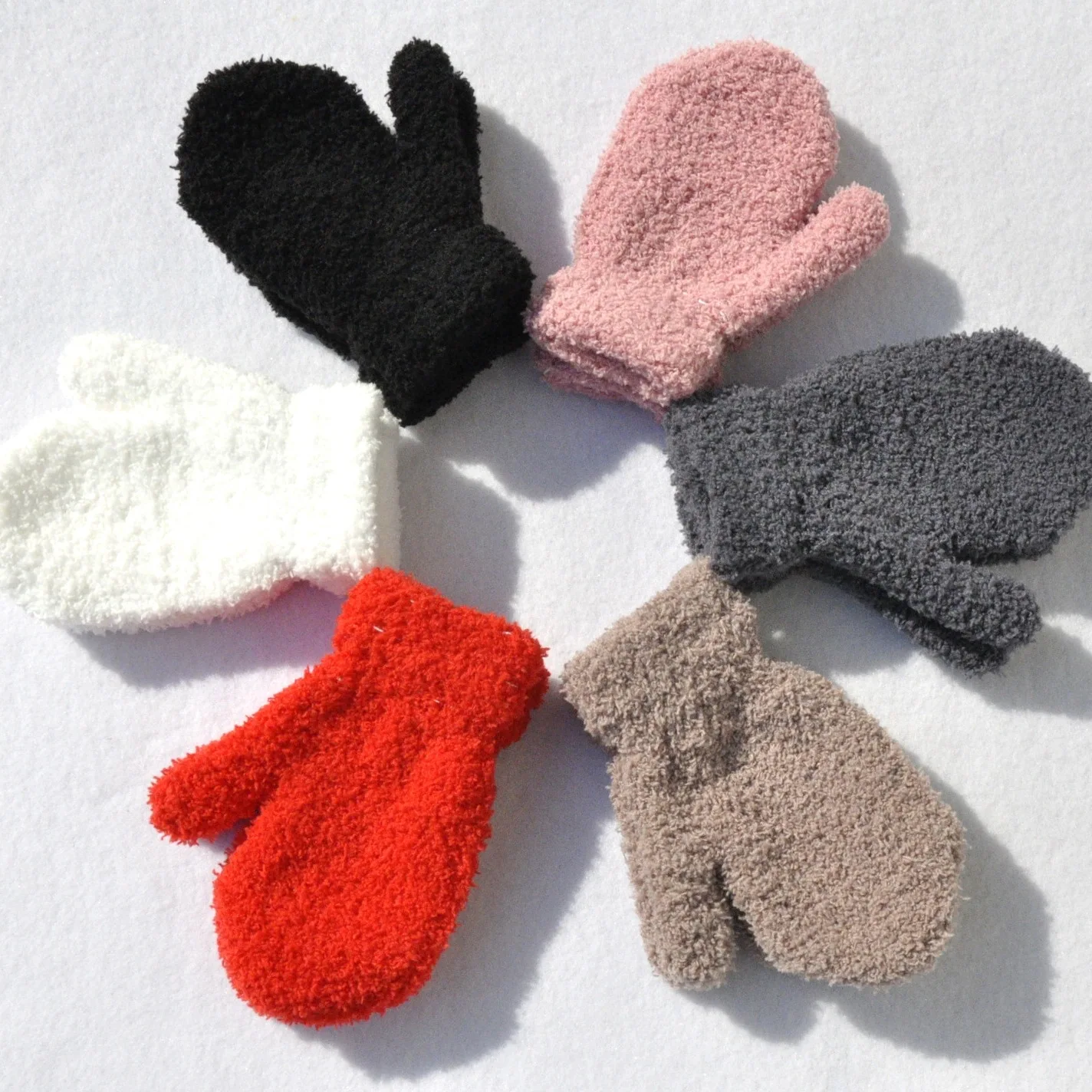 Baby Short Gloves Winter Coral Fleece Children Solid Knitted Plush Furry Full Finger Mittens Autumn Hand Warmer 1-4 Years Old 4