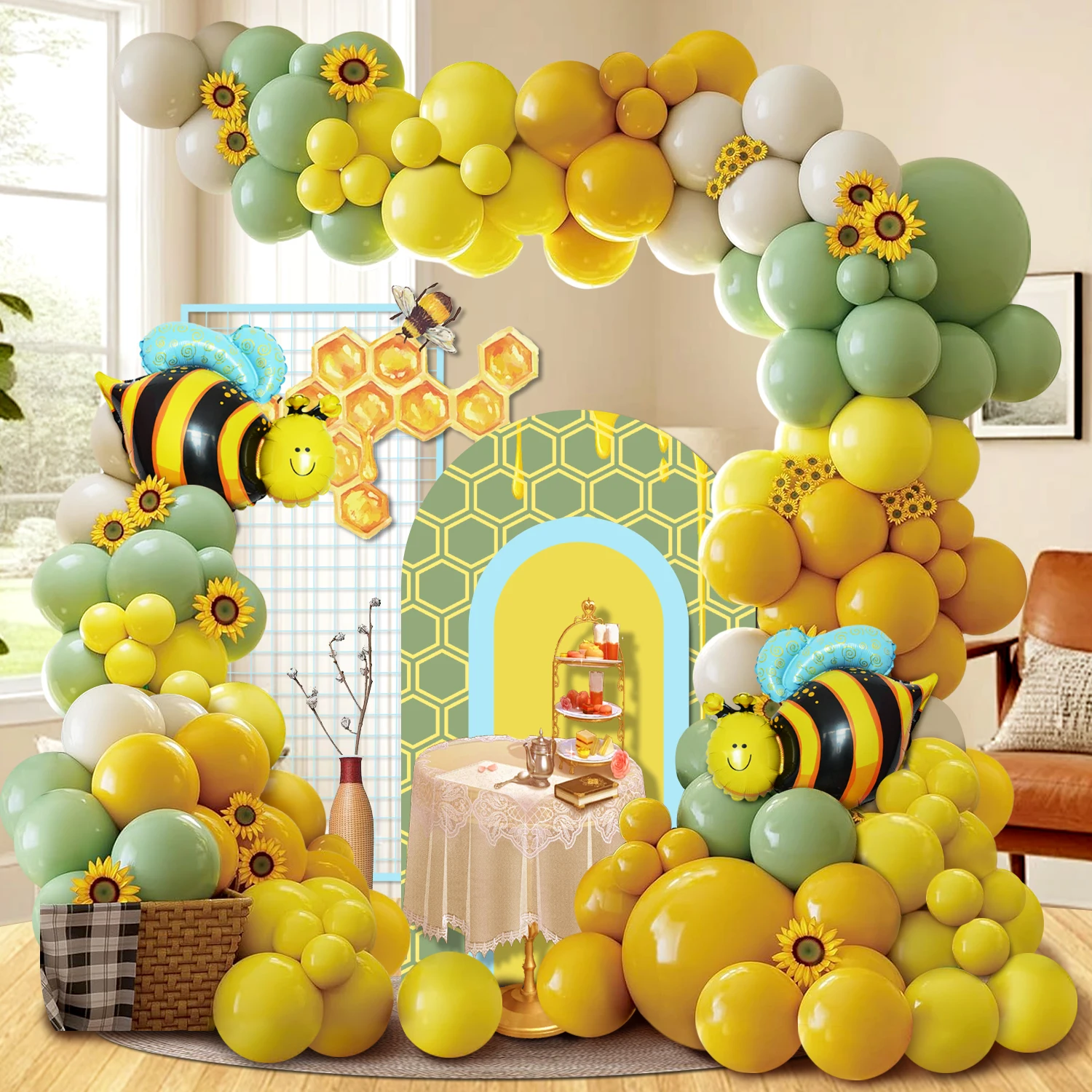 111-Piece Bee Sunflower Balloon Garland Arch Set, Mustard Yellow and Gray-Green Latex Balloons, Paired with Small Bee Foil Balloons for Sunflower Bee-Themed Weddings, Birthday Parties, and Photo Background Decorations