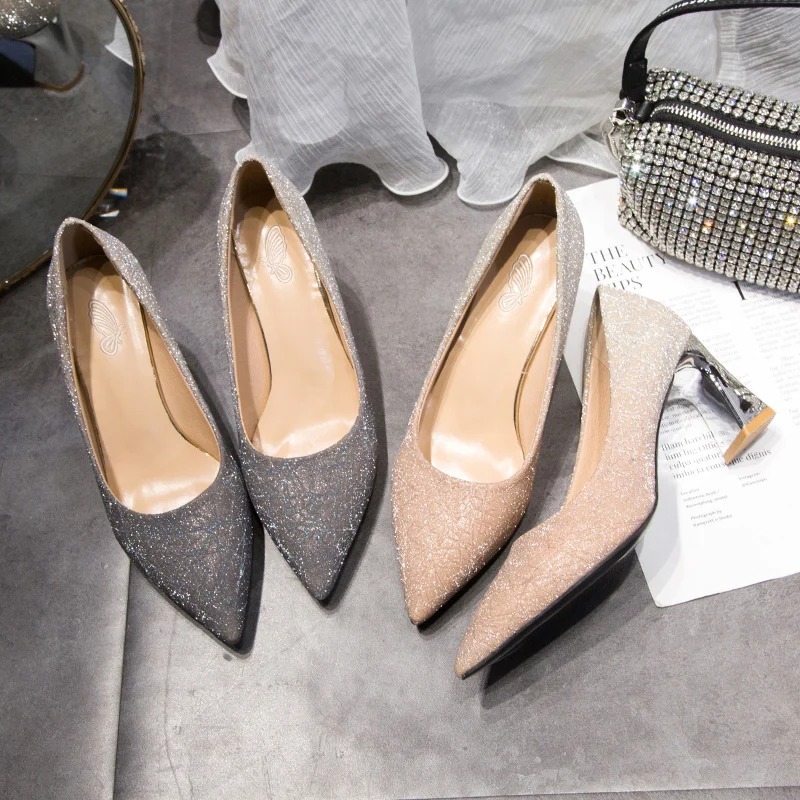 Sequins Wedding Party Shoes Women Sexy Pointed Toe 6.5cm Thick Heel Pumps Woman Slip-On Shining Banquet High Heels Shoes Female 2