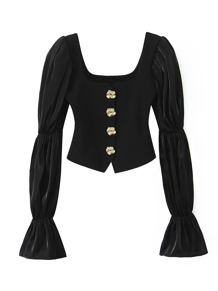 2025 Autumn New Women Elegant Black Spliced Top Fashion Square Neck Floral Buttons Fashionable Slim Fit Puff Sleeve Shirt Women