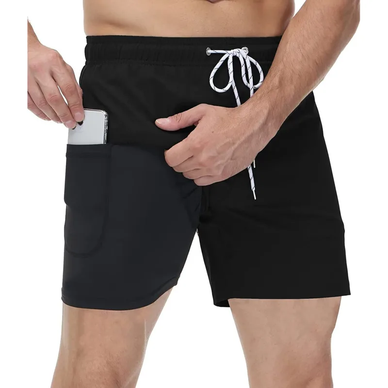 Mens Swim Trunks Compression Liner 2 in 1 Quick-Dry Swimming Shorts Zipper Pockets