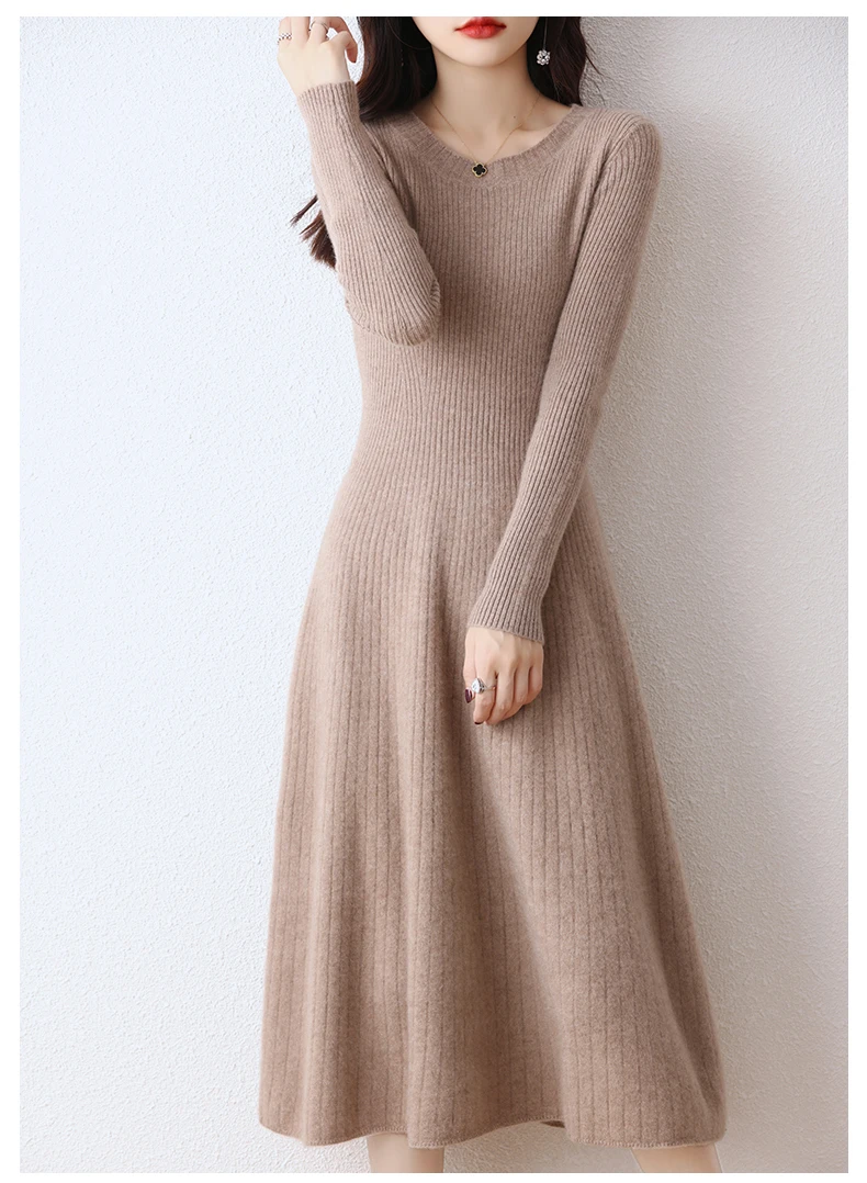 Women's Merino Wool Long Sweater Dress, Round Neck, Striped, Thick, Monochromatic, 100% Merino, Autumn, Winter, New, Official