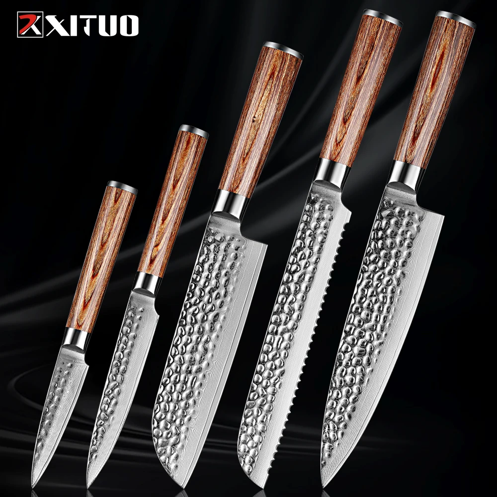 

XITUO Damascus Steel Kitchen Knife Japanese Santoku chef knife Sharp Utility Paring fruit Knife Golden wooden handle Ergonomics