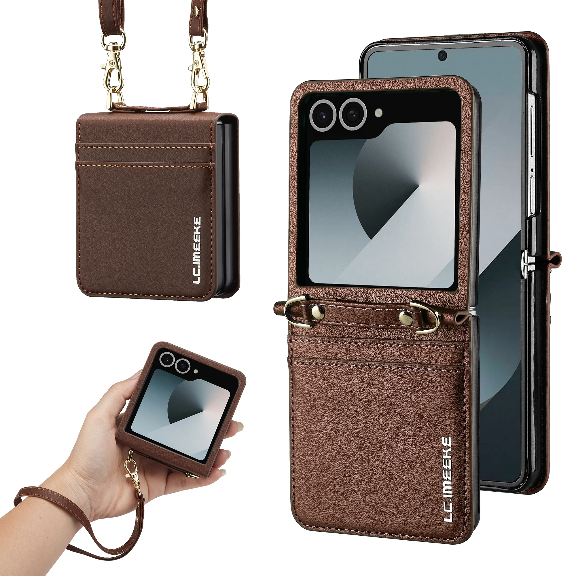 Elegant Leather Phone Case with Card Holder & Wrist Strap - Crossbody Lanyard Design