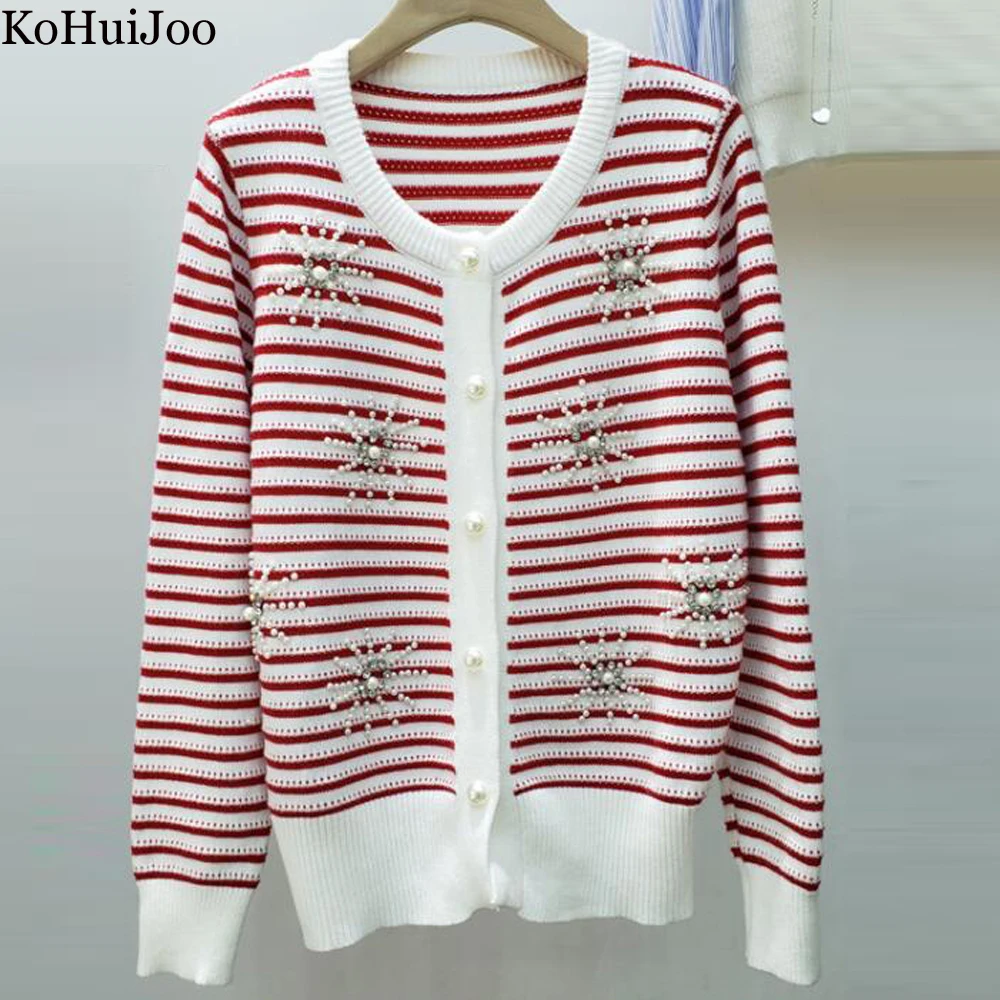 

Beading Knit Jacket for Women 2023 Spring Pearl Buckle Singele Breasted Ladies Sweet Striped Sweater Cardigan Fashion Knit Coat