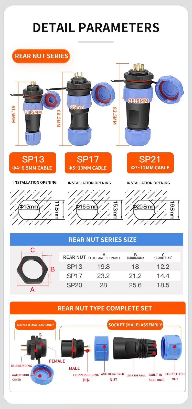 Description Picture 2 of itemSP17 IP68 Aviation Plug Socket Electrical Wire Connectors 2/3/4/5/7/9 Pin Back Nut Male Female Cable Waterproof Connector