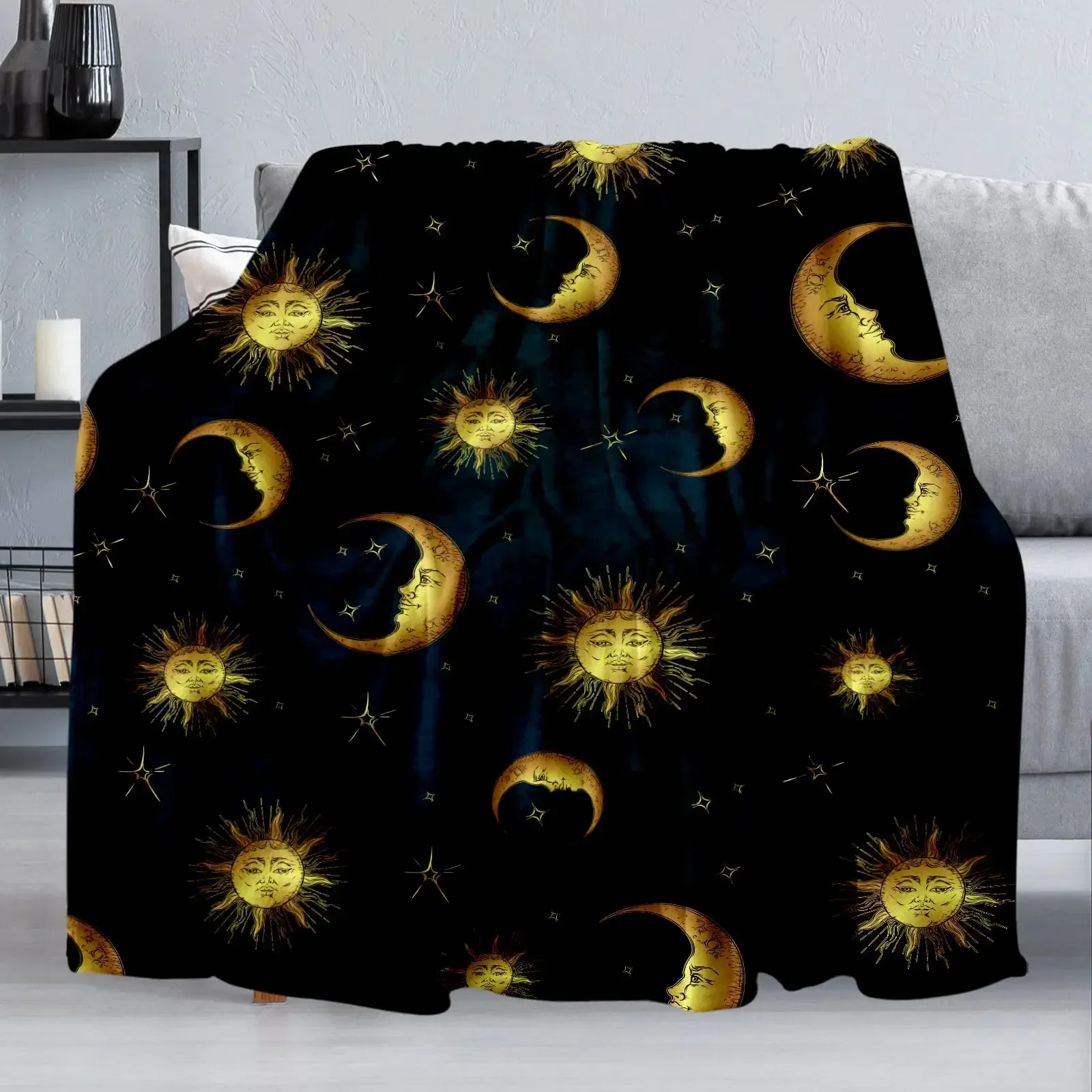 Flannel Throw Blankets Boho Chic Golden Sun Moon and Stars Blue Black Sky Antique Blankets Lightweight Luxury Blanket,Couch Bed 3