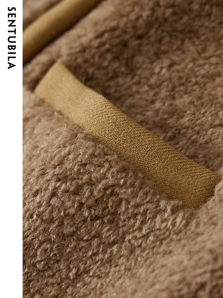 SENTUBILA Fur Integrated Fashion Coat for Women 2023 Autumn Winter Round Neck Faux Fur Coat Double Breasted Crop Top W34P50138