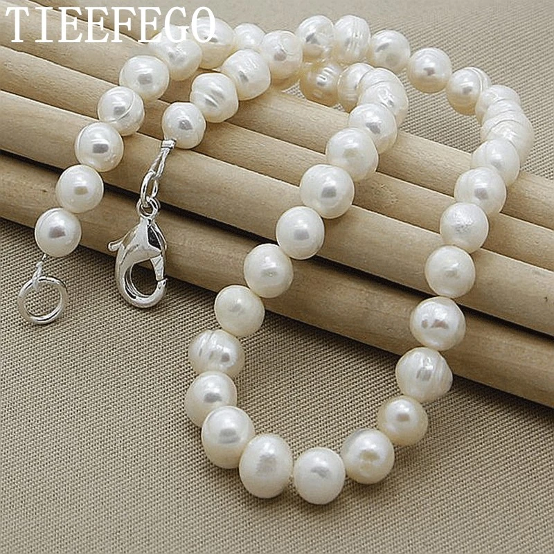 TIEEFEGO 8mm Natural Pearl White 925 Sterling Silver Chain Necklace For Woman Engagement Wedding Jewelry Gift earrings