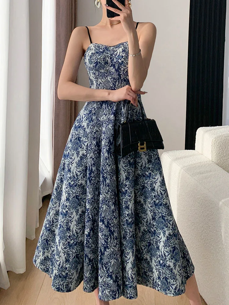 

Floral Dresses for Women Sleeveless French Style Fashion Dress Sexy Club Spaghetti Strap Zipper 2023 New Spring Summer Dress