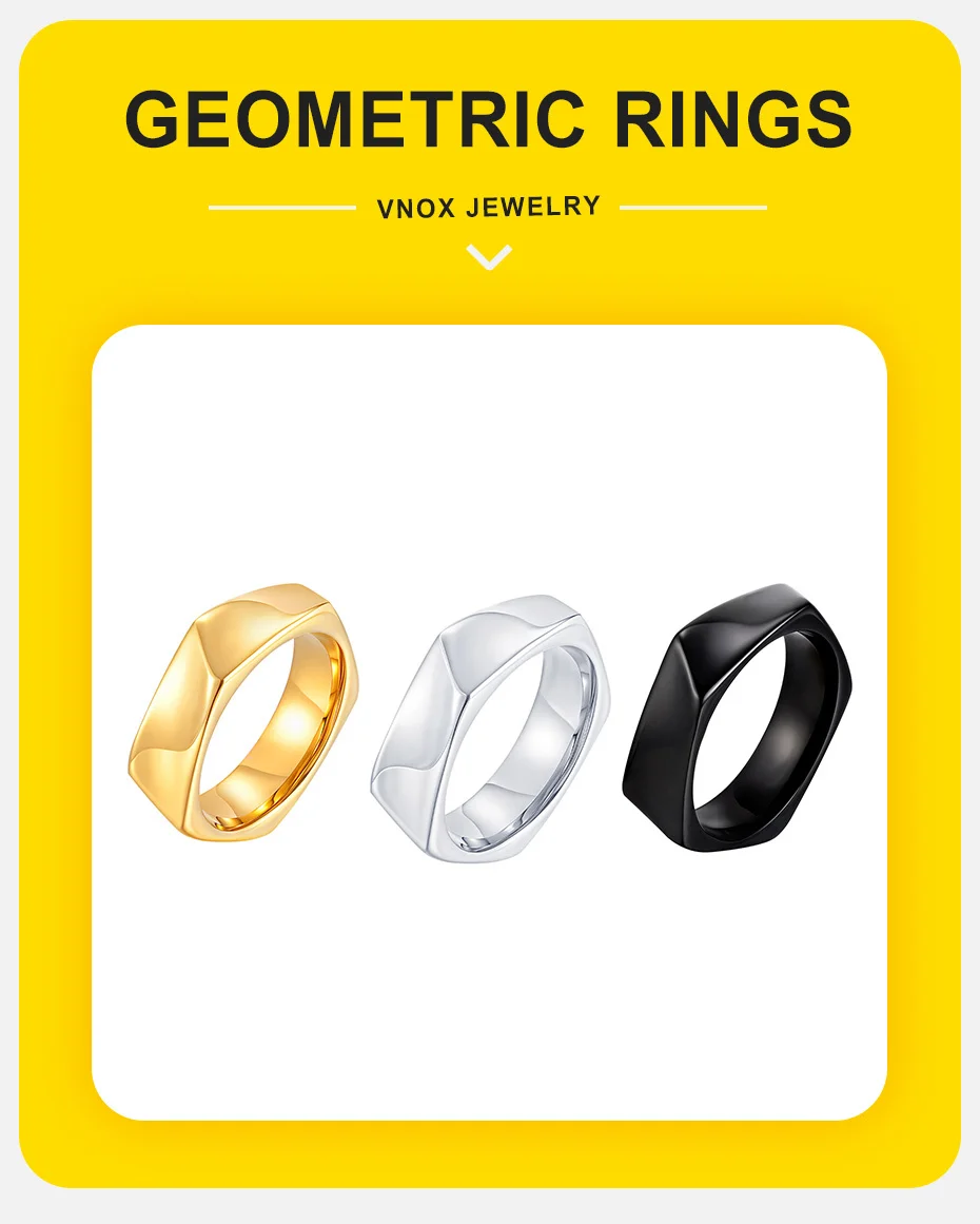 Vnox Fünfeckiger Edelstahlring für Männer und Jungen, 6 mm breiter geometrischer Ring, Farboptionen in Schwarzgold und Silber, trendiges Schmuckgeschenk – Detail 2