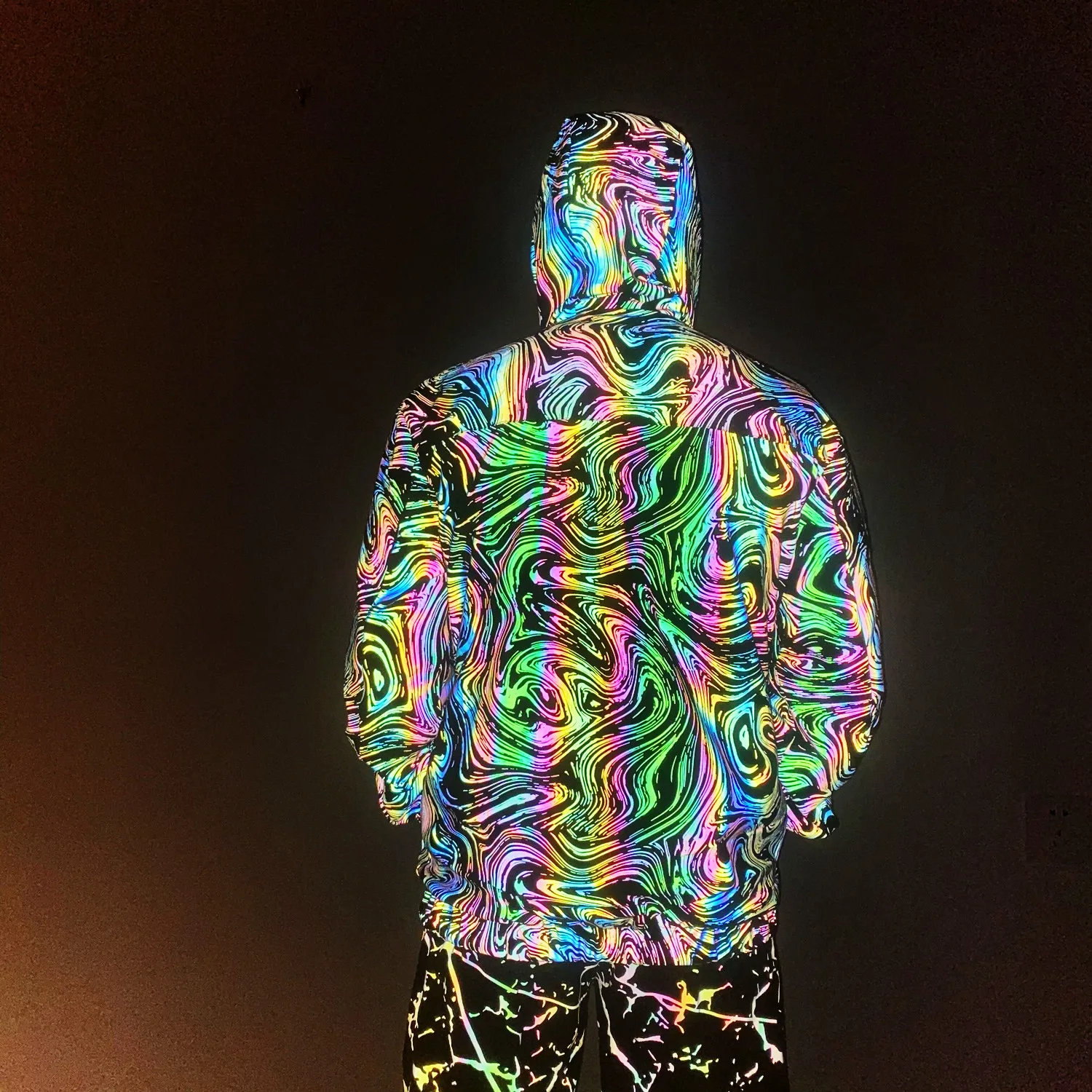 2022 Rainbow Color Reflective Knitted Jacket Men Women Nightclub Hip Hop Breathable Hooded Jackets And Coats 3