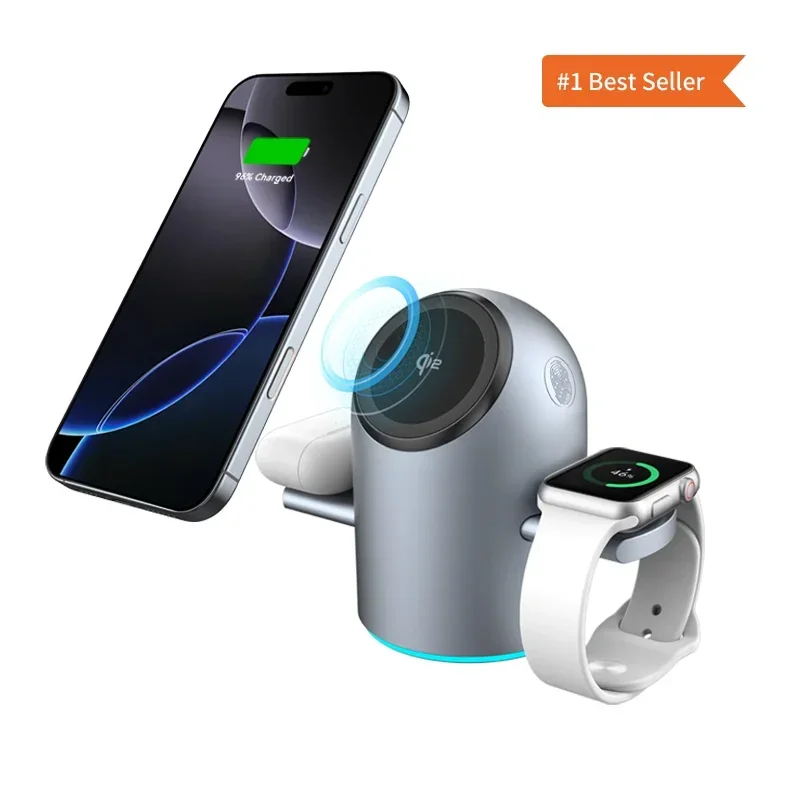 Qi2 15W 3-in-1 Auto-Rotating Magnetic Wireless Charger for IPhone 16/15/14 Pro Max & Apple Watch-Fast Charging Station