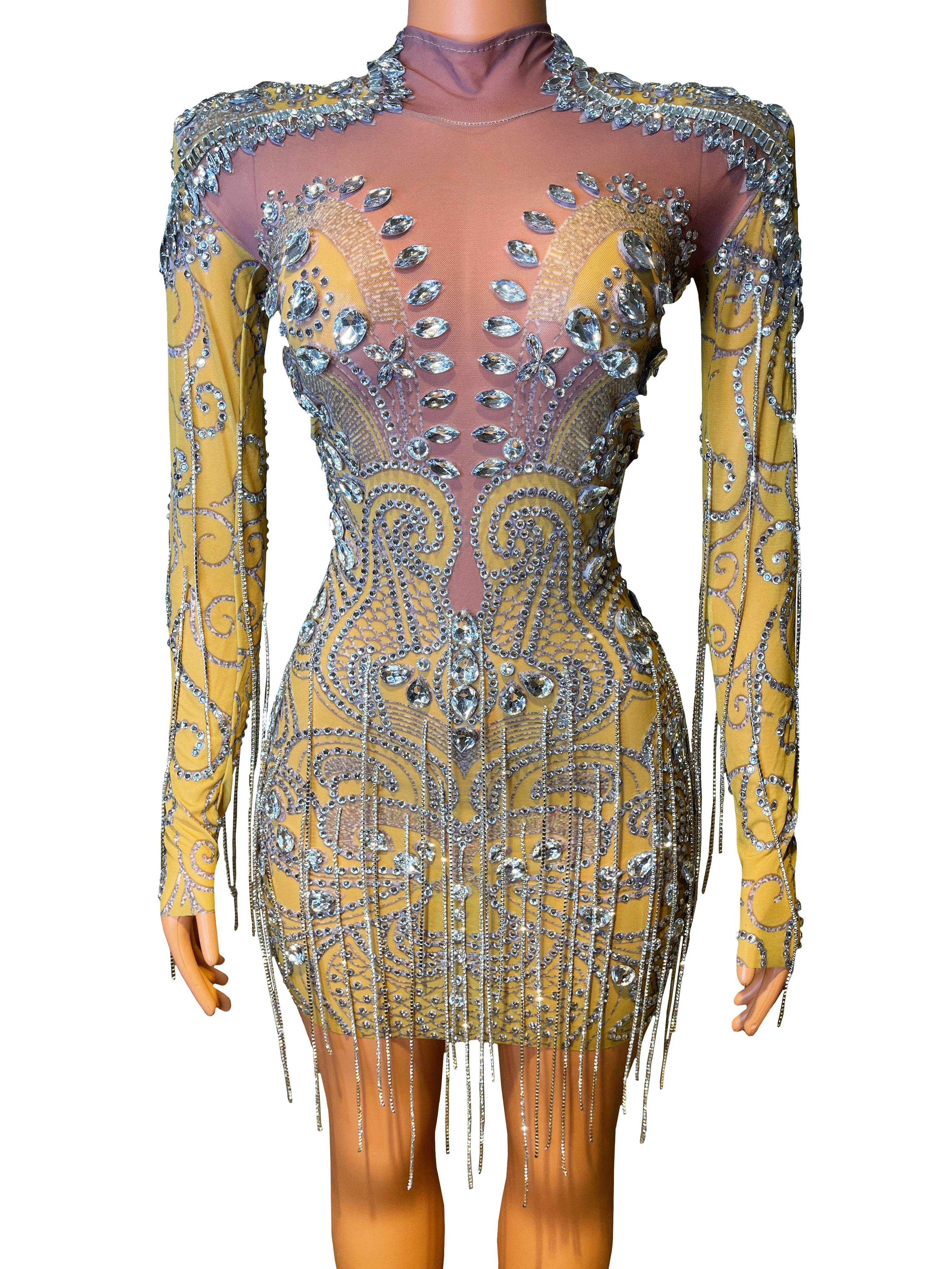 

5 Colors Mesh Rhinestones Crystals Fringes Dress Birthday Celebrate Prom Party Costume Female Singer Sexy Stage Wear