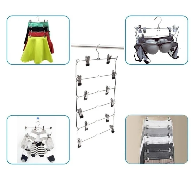 1PCS 6 Layer Clothes Hangers Multilayer Skirt Trouser Hanger for Pants Non Slip Metal Hanger Clips Clothing Storage Rack Holder