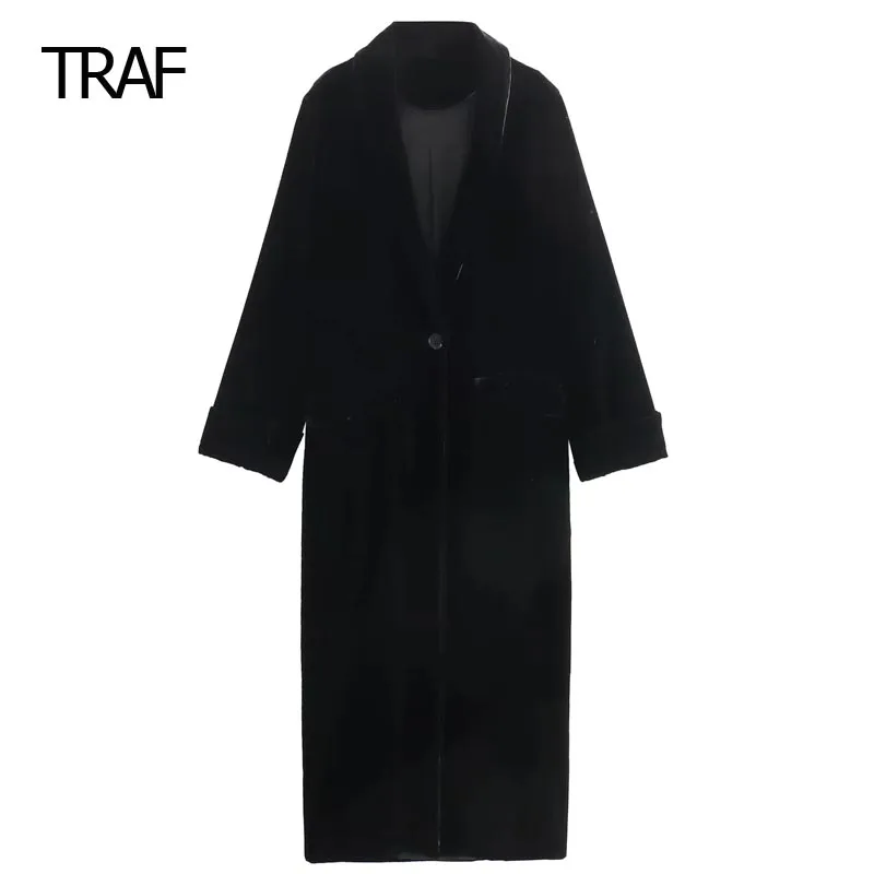 

TRAF Velvet Long Coat Women's Coat Autumn Winter Black Long Sleeve Top New In Coats Korean Style Outwears Demi-Season Warm Coats