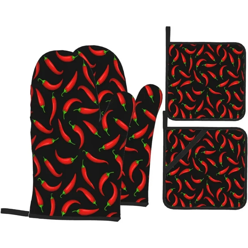 

Перчатки и варежки для духовки с рисунком Чили Pepper, брикет из 4 предметов, термостойкие перчатки для кухни, выпечки, гриля, барбекю
