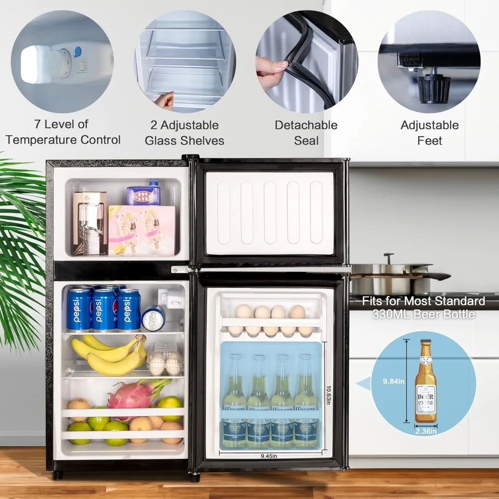 Compact Refrigerator 3.2 Cu Ft 2 Door Mini Fridge with Freezer for Apartment, Dorm, Office, Family, Basement, Garage-Black